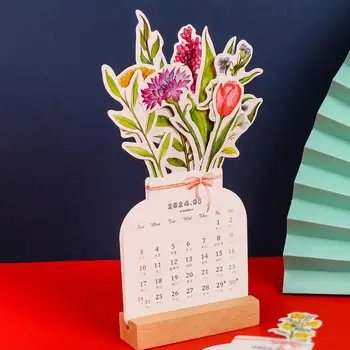 Настолен календар Bloomy Flowers, Подвижни Цветя календар във формата на ваза с дървена основа, маса за декорации, Календари за цветна тема
