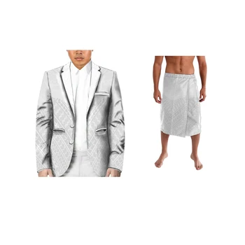 Бял официален мъжки костюм по поръчка и Ie Faitaga Lavalava, комплект от 2 теми, samoan тънко яке, сако за мъжете
