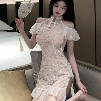 Секси дантелено винтажное китайското традиционната рокля Чонсам, еротично бельо Kawaii, дамски отворена диафрагма-ципао в древна план