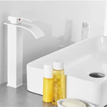 Квадратна мивка Бял Водопадный кран Скандинавски смесител за мивка с плосък гърло Модерен Минималистичен смесител за мивка в банята кран