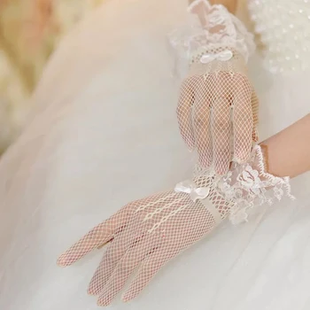 1 чифт ръкавици свързани с лък, Женски UV-защитни ръкавици за шофиране в рибарска мрежа, Модерни елегантни вечерни ръкавици за бала на Булката с пълни пръсти