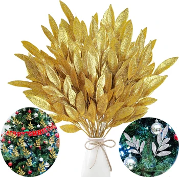 Yannew Изкуствени блестящи листа за пръскане Златни цветни Коледни клони Украса за Коледната елха САМ Венец Занаяти Подарък декор