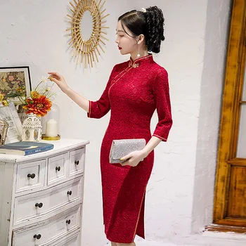 2023 Пролет Есен Китайски стил Composite дантела със Средна дължина Чонсам Подобряване на вечерна рокля Макси Ципао за момичета за жени Парти
