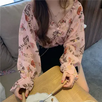 Дамски шифоновая блуза с цветен модел и дървени уши, V-образно деколте, дълги ръкави, свободни, корейското издание.