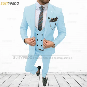 Модерен син костюм за мъже, Оборудвана Бизнес Бала Сватбен сако, Жилетка, панталони, 3 предмет, Всекидневен костюм, сако, Бели смокинги за мъжете