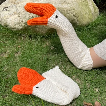 Crochet ръкавици с лебед, сладки еластични ръкавици без пръсти контрастни цветове есен-зима и топли, унисекс ръкавици, непромокаеми.