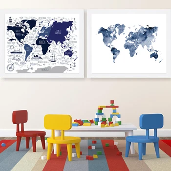 Тъмно-синята Морска Карта на света, Плакатные щампи, детски Образователни Стенни Рисунки, Скандинавски Детска Живопис върху платно, Интериор на стаята за момчета