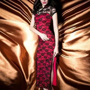 Китайски женски чонсам в ретро стил, елегантно винтажное китайското рокля-чонсам с дантелен завършек, с висока цепка за жени