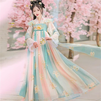 Жена древното рокля с бродерия на цветя Китайски Традиционен костюм Ханьфу Източна принцеса Танцови на династията Тан