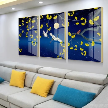 Абстрактната жълто-синьо платно, модерна живопис със златни птици, Плакатная печат за дневна, антре, модни стена