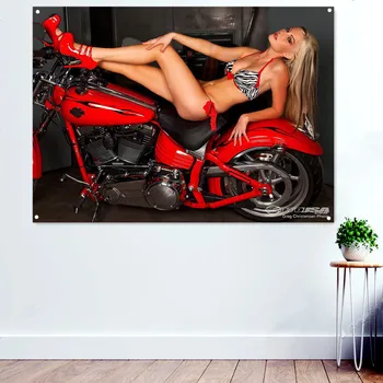 Червен плакат с участието на момичета в мотоциклетном бикини, стенен декор, гоблени, банер, монтиран на стената флаг, е чудесен подарък за любителите на мотоциклети