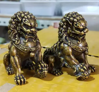 Порцеланова Стара Класическа архаичная чифт бронзови лъвове, статуята на куче-пазач Фу Фу, 5.3 см