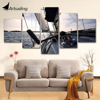 ArtSailing Картина върху платно от 5 части с изглед към морето, Ветроходна яхта, артистична декорация за дома в хола, плакат с HD щампи