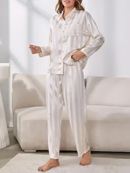 Жена пижамный комплект, риза с дълъг ръкав и копчета, панталони, Шарени пижами, дрехи за почивка