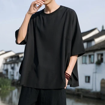 Мъжки тънка Черна тениска с къс ръкав в китайски стил, Лятна Нова риза Ice Silk С кръгло деколте, Мъжки Ежедневни Свободна тениска, Топ