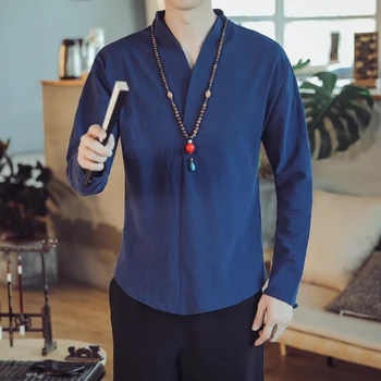 M-5XL Однотонная есента на традиционната китайска блуза с дълъг ръкав и V-образно деколте, традиционната китайска облекло за мъже, Мъжка риза