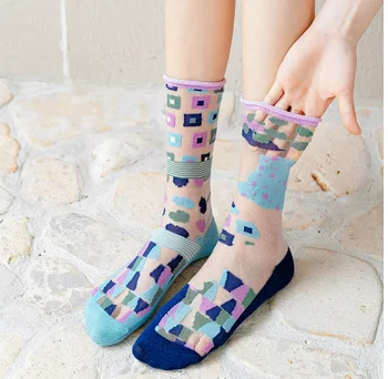 Нови Модни Дамски Дълги Чорапи Летни Фини Мрежести Дълги Чорапи С Принтом AB, Дамски Ежедневни Чорапи Дишащи Със Свежи Цветя В Корейски Стил, Сладък