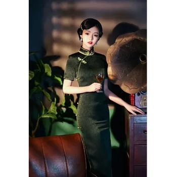 3 Цвята Ретро Сатен Стоящ яка Рокля Long За жени Есен 2022, Елегантна Зелена рокля, Китайското Традиционно Ципао, Плюс Размер