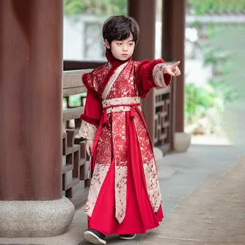 Hanfu Boy 2024 Зимата Момче Красив Костюм от епохата на Тан Костюм на китайската култура Кадифе Национален Вятър Удебеляване на Коледната дрехи на Едро