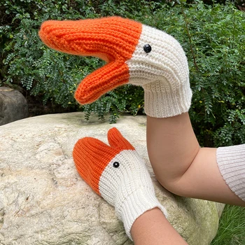 Есенно-зимни издръжливи ръкавици без пръсти с анимационни патица, ръкавици с три лебеди, възли вълнени топли аксесоари за деца