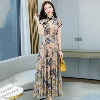Секси лятна рокля Чонсам с винтажным цветя модел за мама, сватбени костюми в китайски стил, по-големи размери, Ципао-Дълга от M до 3XL