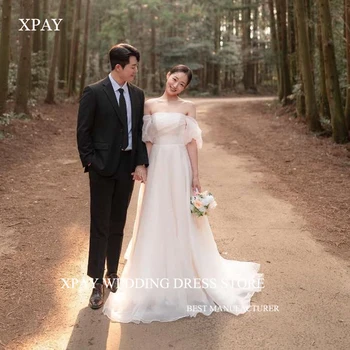 XPAY Прости булчински рокли от коприна, органза трапецовидна форма в корейски стил, за фотосесия с отворени на раменете, ръкави, свадебными рокли с корсет отзад