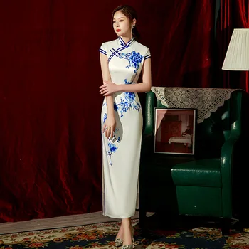 Елегантен Летен Бял Дълъг Чонсам Елегантна Мода Ретро Азиатската Пола Ципао Традиционен Китайски Стил Вечерна Рокля за Жените
