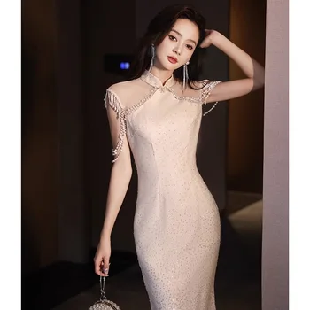 Сексуалното Ципао с пайети, подобрено рокля в китайски стил, дамски официални рокли със сладък русалочкой, дълги елегантни рокли-чонсам