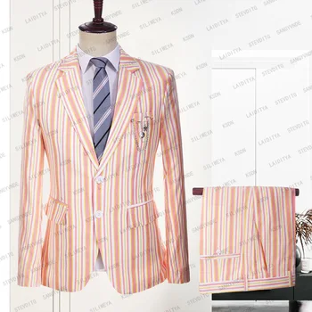2023 Нови Мъжки Летни Ежедневните Бизнес Плажни Бели костюми в оранжево-розова ивица, Оборудвана Популярен Официален Смокинг, комплект от 2 теми, Яке и панталони