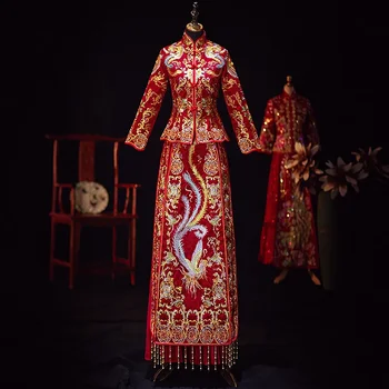 2022 Традиционното Китайското Булчинската Рокля на Булката Xiuhefu Toast Dress С Изискан шал Яка подпора И Бродерия на Финикс Dragon Phoenix Dress