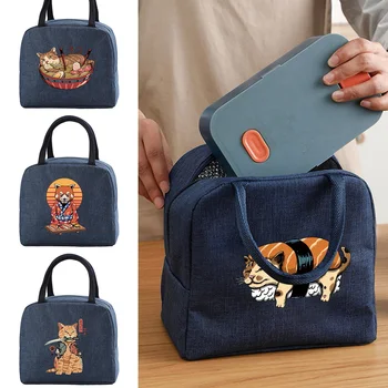 Термосумка за обяд Детска Холщовая чанта с принтом Японски котка, организатор за работа, пакетирани продукти, изолирани пакети за хранене, чанти-охладител, кутия за пикник, чанти