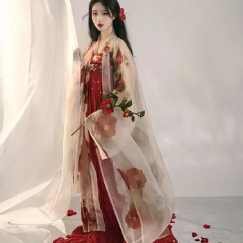 Китайското рокля Hanfu Древните Жени дворец на Камелия с бродирани принтом рокля с голямо ръкав на Костюм Hanfu Пълен комплект